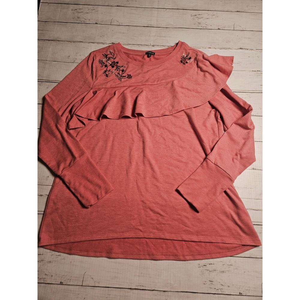Hannah Floral Embroidered Ruffle Top Coral Pink Long Sleeve Knit Pullover L‎